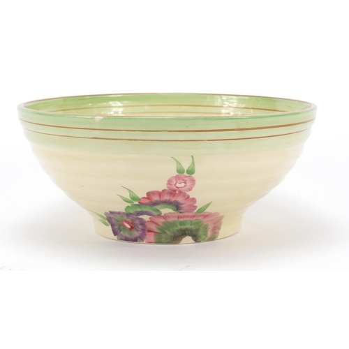 451 - Clarice Cliff, Newport Pottery Pansy bowl with salad servers, the bowl 22cm in diameter