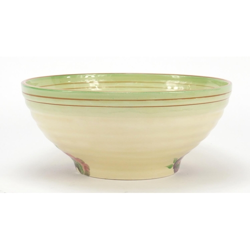 451 - Clarice Cliff, Newport Pottery Pansy bowl with salad servers, the bowl 22cm in diameter