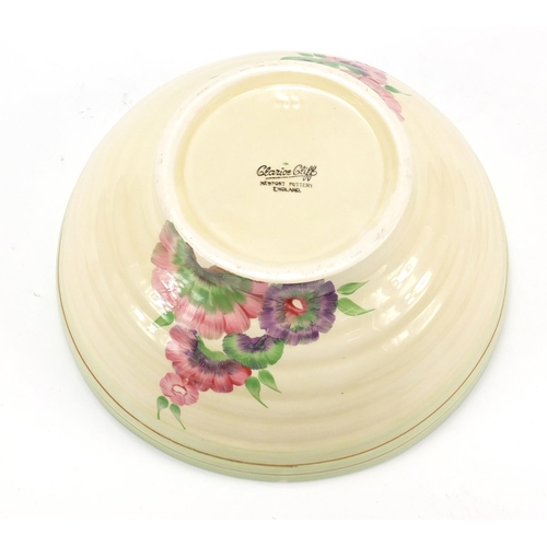 451 - Clarice Cliff, Newport Pottery Pansy bowl with salad servers, the bowl 22cm in diameter