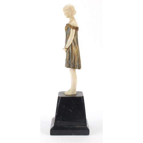 162 - Demetre H Chiparus, Innocence, Art Deco bronze and ivory figurine raised on a marble plinth base, un... 