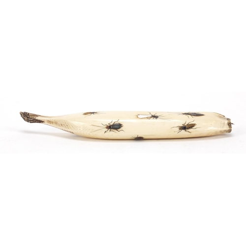 472 - Japanese Shibayama ivory banana inlaid with insects, carved with character marks, 16.5cm in length