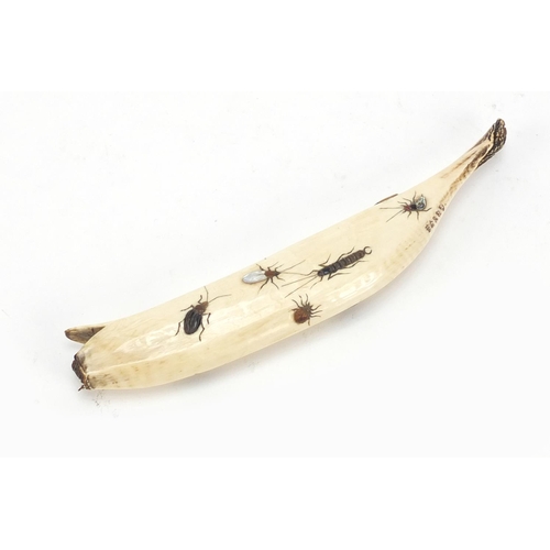 472 - Japanese Shibayama ivory banana inlaid with insects, carved with character marks, 16.5cm in length