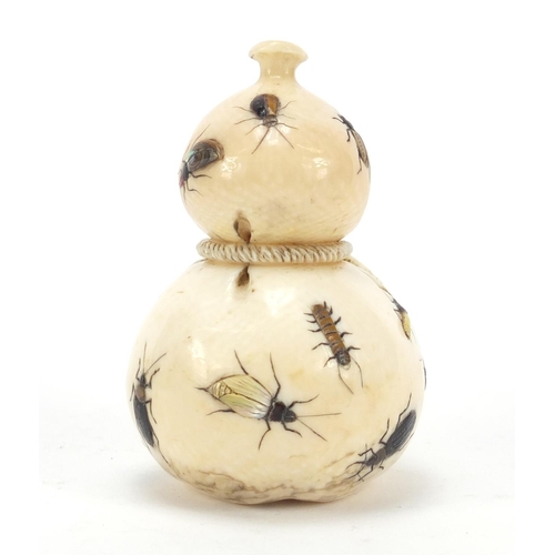 52 - Good Japanese shibayama carved ivory double gourd sack inlaid with insects, 7.5cm high