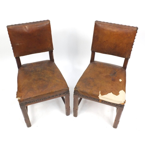 1508 - Pair of Victorian gothic chairs designed by Pugin with brown leather upholstery, each 90cm high