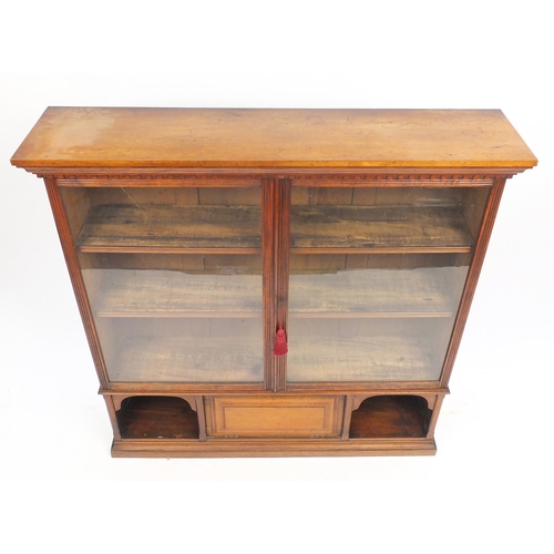 1478 - Walnut bookcase with a pair of glazed doors above a fall and open shelves, 132cm H x 129cm W x 30cm ... 