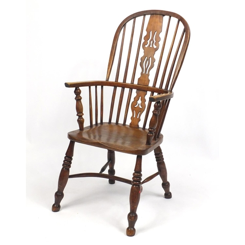 1473 - Victorian ash and elm Windsor chair with crinoline stretcher, 107cm high