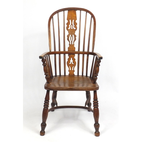 1473 - Victorian ash and elm Windsor chair with crinoline stretcher, 107cm high