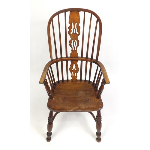 1473 - Victorian ash and elm Windsor chair with crinoline stretcher, 107cm high