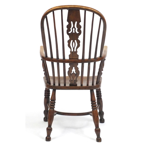 1473 - Victorian ash and elm Windsor chair with crinoline stretcher, 107cm high