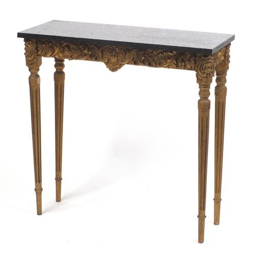 1553 - French gilt wood console table with black slate top, 75cm H x 75cm W x 27cm D