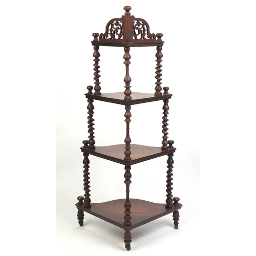 1474 - Victorian walnut four tier whatnot with serpentine front, 137cm high