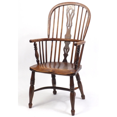 1498 - Victorian elm and yew Windsor chair with crinoline stretcher, 106cm high