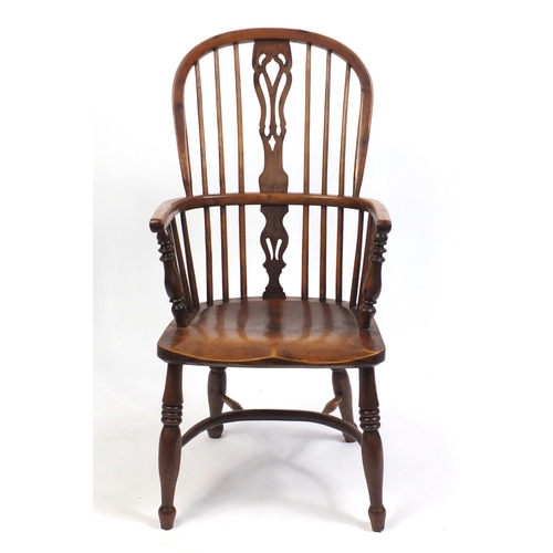 1498 - Victorian elm and yew Windsor chair with crinoline stretcher, 106cm high