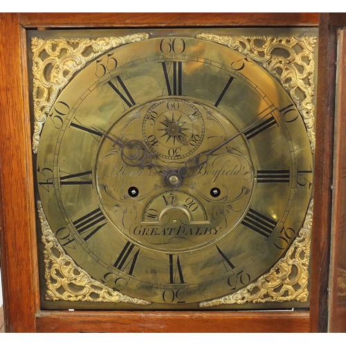 1471 - Antique oak long case clock by Richard Boyfield of Great Baldy with brass face, 190cm high