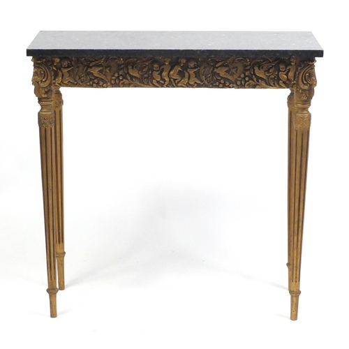 1552 - French gilt wood console table with black slate top, 76cm H x 76cm W x 31cm D