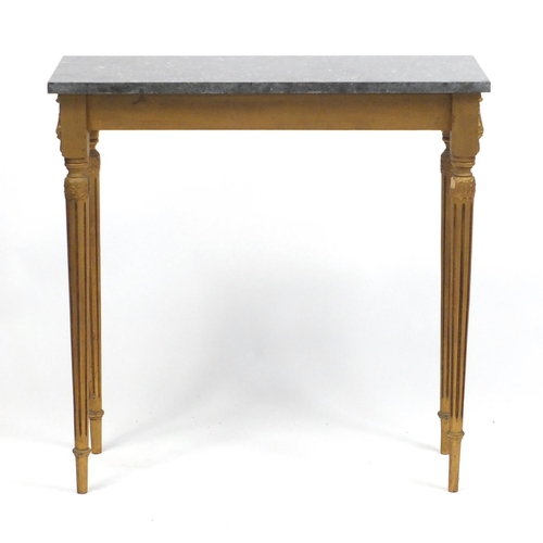 1552 - French gilt wood console table with black slate top, 76cm H x 76cm W x 31cm D