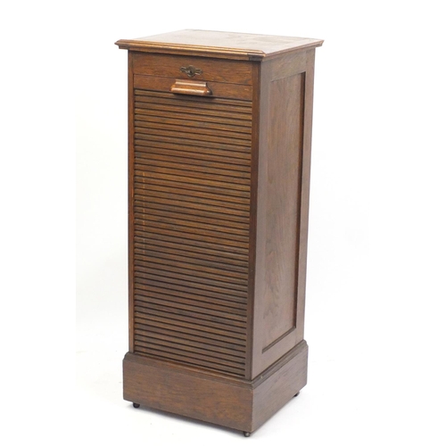 1455 - 1920's oak filing cabinet with tambour front and easel top, 119.5cm H x 49.5cm W x 43.5cm D