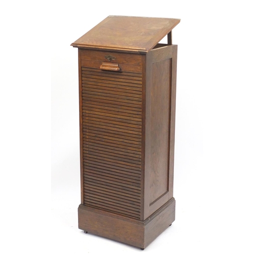 1455 - 1920's oak filing cabinet with tambour front and easel top, 119.5cm H x 49.5cm W x 43.5cm D