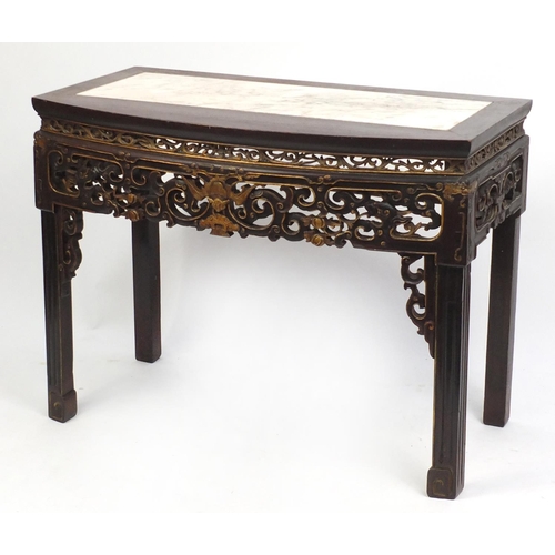 1479 - Chinese partially gilt lacquered hardwood side table with bow front and inset marble top, carved wit... 