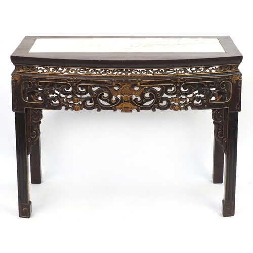 1479 - Chinese partially gilt lacquered hardwood side table with bow front and inset marble top, carved wit... 