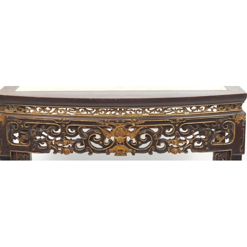 1479 - Chinese partially gilt lacquered hardwood side table with bow front and inset marble top, carved wit... 