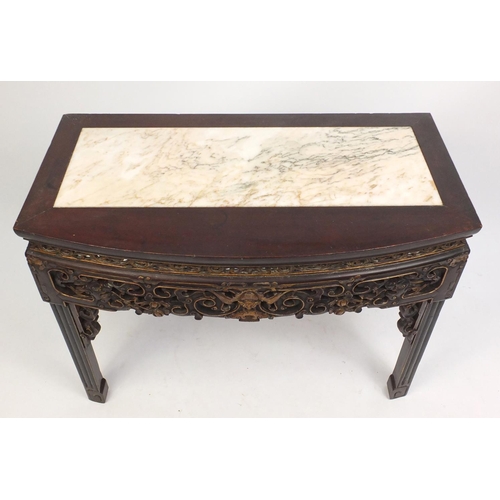 1479 - Chinese partially gilt lacquered hardwood side table with bow front and inset marble top, carved wit... 