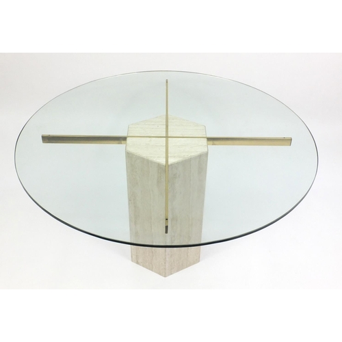 1551 - Contemporary marble dining table with circular glass top, 71.5cm high x 129.5cm in diameter