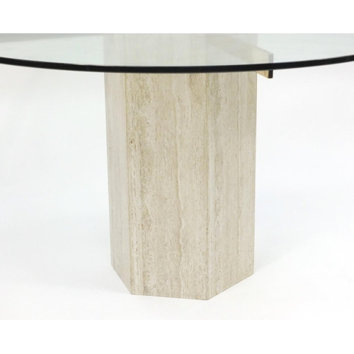 1551 - Contemporary marble dining table with circular glass top, 71.5cm high x 129.5cm in diameter