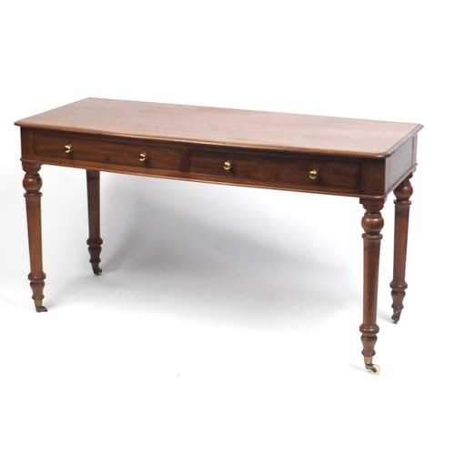 1475 - Victorian mahogany writing table with two frieze drawers , 74cm H x 137cm W x 56cm D