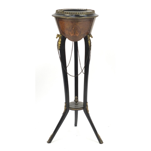 1449 - Regency style inlaid walnut and ebonised wine cooler with lead liner and applied gilt metal horse he... 