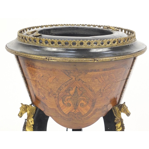 1449 - Regency style inlaid walnut and ebonised wine cooler with lead liner and applied gilt metal horse he... 