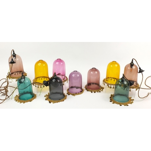 3770 - Ten colourful glass light pendants, five with fittings, each 24cm excluding the fittings