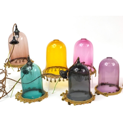 3770 - Ten colourful glass light pendants, five with fittings, each 24cm excluding the fittings