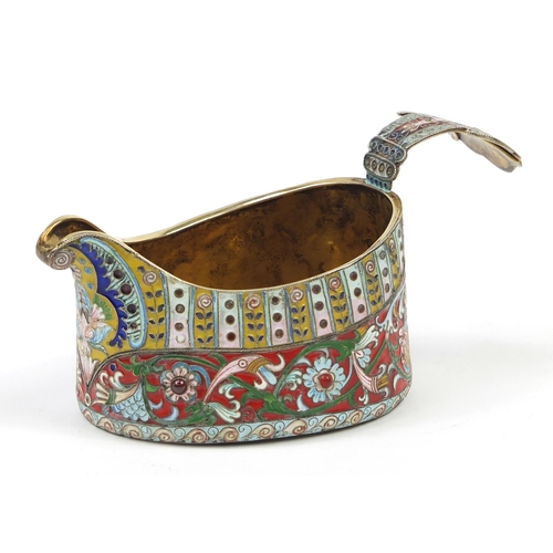 3066 - Russian silver and enamel jewelled Kovsh with gilt interior, impressed marks to the base, 16cm wide,... 