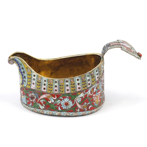 3066 - Russian silver and enamel jewelled Kovsh with gilt interior, impressed marks to the base, 16cm wide,... 