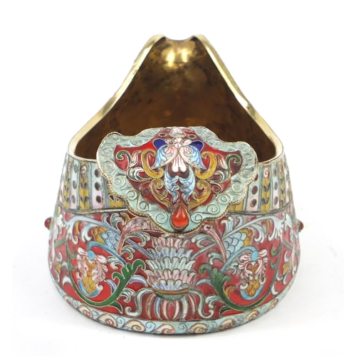 3066 - Russian silver and enamel jewelled Kovsh with gilt interior, impressed marks to the base, 16cm wide,... 