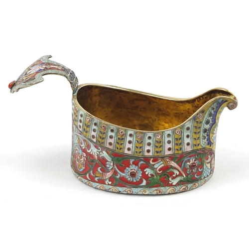 3066 - Russian silver and enamel jewelled Kovsh with gilt interior, impressed marks to the base, 16cm wide,... 