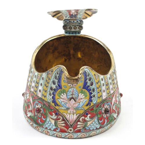 3066 - Russian silver and enamel jewelled Kovsh with gilt interior, impressed marks to the base, 16cm wide,... 