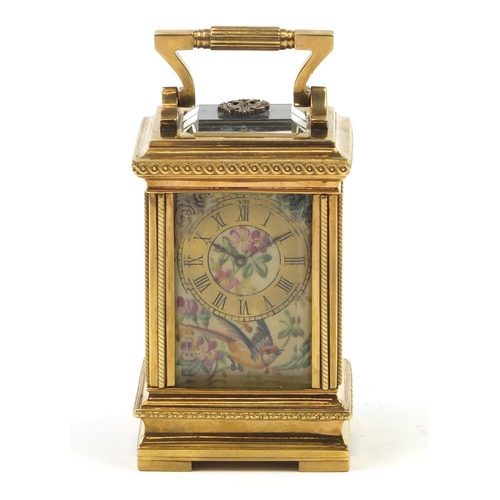 3067 - Russian silver gilt miniature carriage clock with hand painted porcelain panels, with double headed ... 