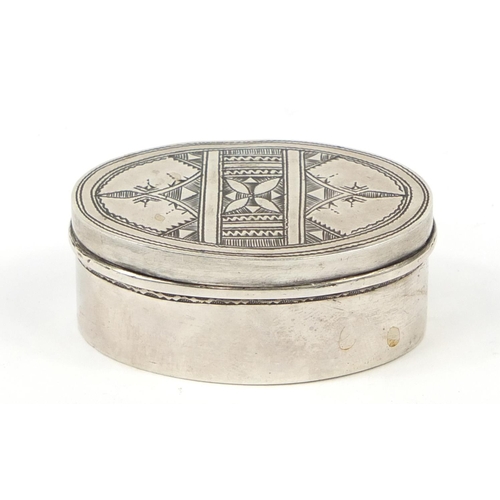 3072 - Unmarked oval silver box and cover, possibly Russian, 5.2cm wide, 22.2g