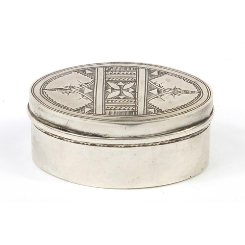 3072 - Unmarked oval silver box and cover, possibly Russian, 5.2cm wide, 22.2g