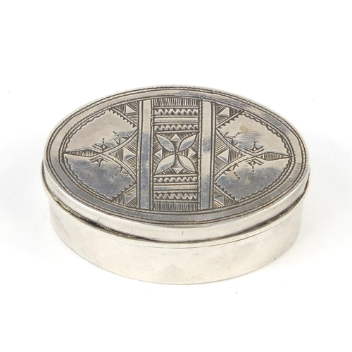 3072 - Unmarked oval silver box and cover, possibly Russian, 5.2cm wide, 22.2g