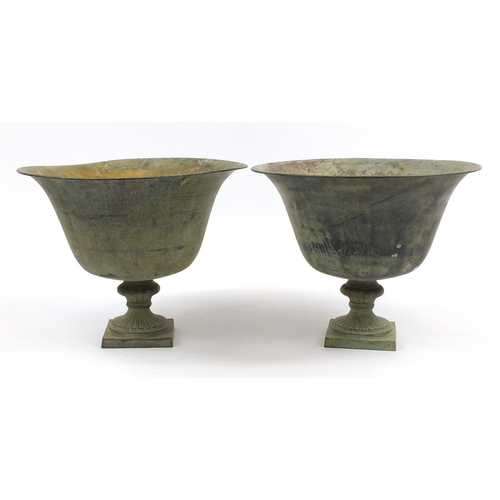 1470 - Pair of verdigris bronzed urn planters, each 32cm high x 40cm in diameter