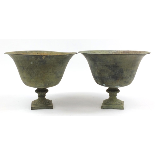 1470 - Pair of verdigris bronzed urn planters, each 32cm high x 40cm in diameter