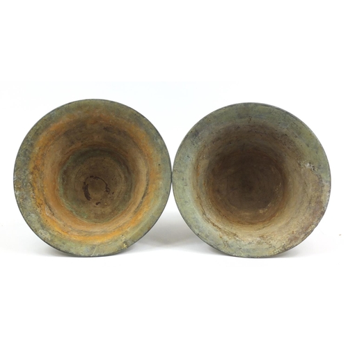 1470 - Pair of verdigris bronzed urn planters, each 32cm high x 40cm in diameter