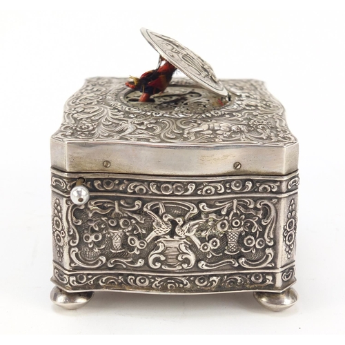 527 - Swiss sterling silver automaton musical bird box with key, probably by Karl Griesbaum, of serpent fo... 