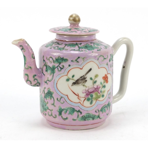 45 - Chinese porcelain Peranakan Straits type teapot hand painted with birds amongst flowers, 12cm high