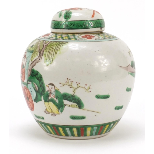 1158 - Chinese porcelain ginger jar and cover, hand painted in the famille verte palette with figures atten... 
