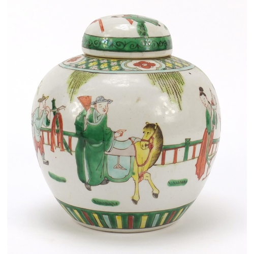 1158 - Chinese porcelain ginger jar and cover, hand painted in the famille verte palette with figures atten... 
