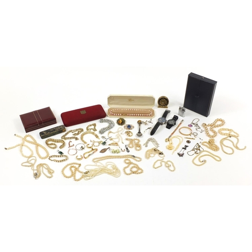 3733 - Costume jewellery including a simulated pearl necklace with silver gilt clasp, ivory necklace, gold ... 